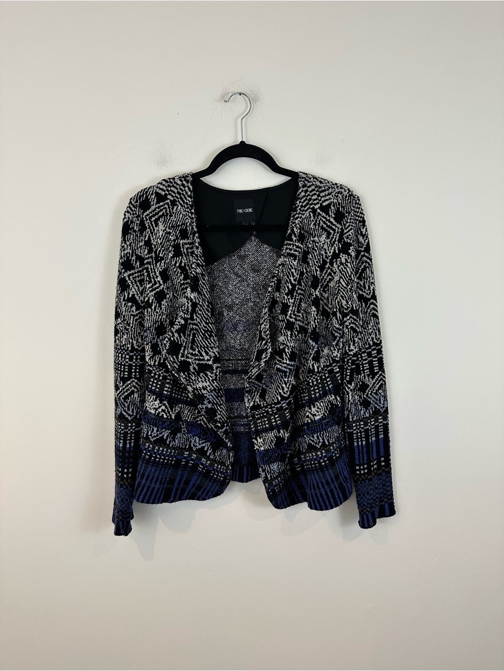 Nic + Zoe Open Front Patterned Cardigan Jacket Black & Blue Size Small